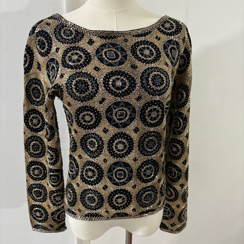 Adrienne Vittadini Beaded Blouse Sz M 100% Wool Black Gold‎ Whimsigoth Elegant